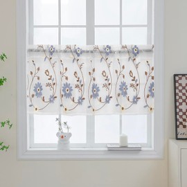 LeLehome Sheer Embroidery Window Valance, 51 X 16 Inch Light Filtering Window Treatment Curtain Linen Blue Gray Flowers Rod Pocket for Kitchen Bathroom Bedroom Home Decoration