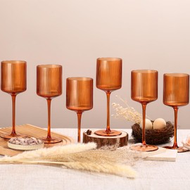 Vintacicle Maple Colored Square Wine Glasses Set of 6, Elegant Ribbed Design Amber Crystal Glassware with Long Stem, 11.5oz Hand Blown Stemware For Red & White Wine Home Bar Party