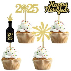 UXYOKM 24Pcs New Years Cupcake Toppers 2025 Gold Glitter Happy New Year Champagne Fireworks Cupcake Picks New Years Theme Eve Party Decorations Supplies
