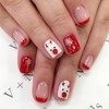 Christmas Press on Nails Short Square With Elk Snowflake Designs Xmas Red French Tip Full Cover Stick on Acrylic Winter Glossy Artificial for Women
