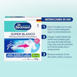 Dr. Beckmann, Blanqueador Intensivo, Sper Blanco, Sin Cloro, Recupera los Blancos, Elimina Percudidos, Calidad Alemana, 1 caja con 6 bolsas de 40 g cu