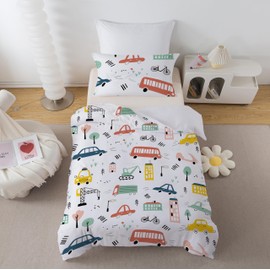 ROZTYLJ Cot Bed Duvet Cover Set Car Patterns Toddler Bedding Set For Boys Microfiber Cot Duvet Cover 135x200cm & Pillow Case 50x75cm