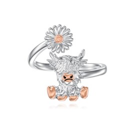 Dorunmo Highland Cow Ring for Women 925 Sterling Silver Adjustable Cute Highland Cow Open Rings with Daisy Cow Jewelry Gifts for Women