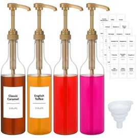 Bokon Coffee Syrup Dispenser 25.4 oz 750 ml Drinking Syrup Pump Bottles with Comprehensive Label Set and Funnel for Coffee Bar Accessories Essentials(Gold,4 Pcs)