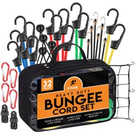 Heavy Duty 32pc Bungee Cord Set with Hooks, Canopy Ties, Luggage Net & Organizer Bag - Assorted Sizes (18", 24", 32", 40") for Outdoor, Bike Racks, Motorcycles