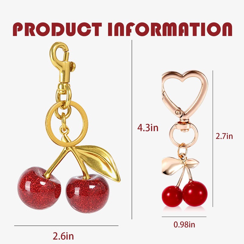 2PCS Cherry Keychain Purse Charm,Glitter Cherry Bag Decoration Accessories Gift