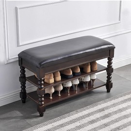 LKZ Shoe Storage Bench, Solid Wood Shoe Bench with Microfiber Leather Cushion Seat for Hallway, Entryway, Living Room, Bedroom (Walnut, 31.5'')