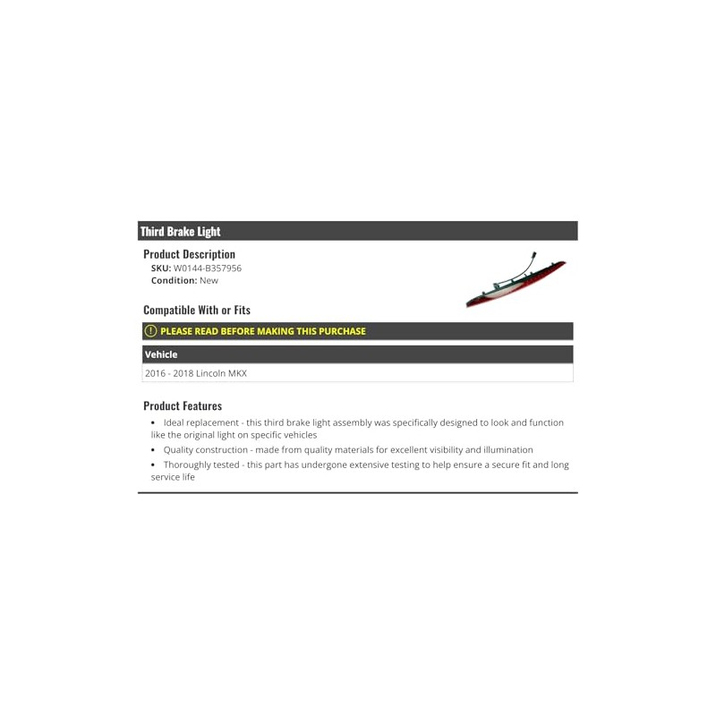 3rd Third Brake Light - Compatible with 2016-2018 Lincoln MKX