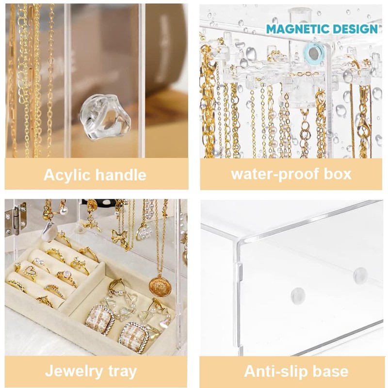 Acrylic Necklace Holder, Clear Necklace Organizer with 24 Hooks, Rotatable