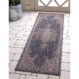 Unique Loom Outdoor Traditional Collection Area Rug - Antique (2' x 6' 1" Runner, Charcoal Gray/ Natural)