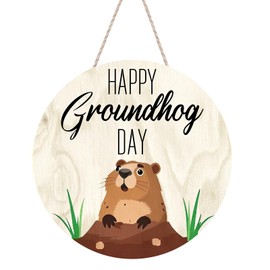 Groundhog Day Round Sign 12x12in - Minimalist Wood Plaque with Wood Texture Background