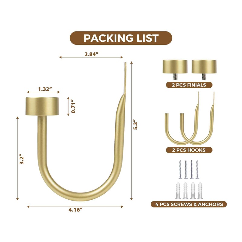 KAMANINA Curtain Holdbacks for Wall, Modern Cap Finials, Warm Gold
