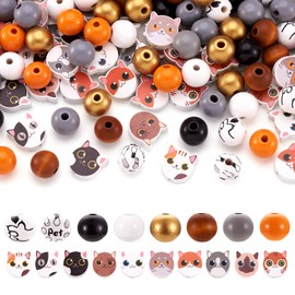 Bestewelry 200 pcs Cat Wooden Beads Cat Head Natural Wood Beads 15-16 mm Round Loose Spacer Beads for DIY Bracelet Necklace Jewelry Making Home Decor