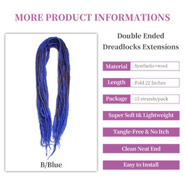 Shinon Dreadlocks Extension 22 Inch Double Ended Dreadlocks Extensions Dreads for Braiding 15 Strands B/Blue Handmade Wool Hip-Hop Reggae Braid In Dreads Dreadlock Extensions for Women