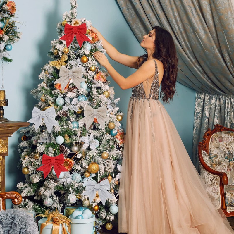 TOYANDONA Christmas Bow Glitter Luminous Christmas Tree Ribbon Bows Christmas