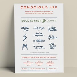 Conscious Ink, Temporary Tattoos, Inspirational, Mindfulness Tools, Long Lasting, Non-Toxic, Waterproof, Cruelty-Free, Made in USA, 1 Soul Runner Athletic Performance Kit