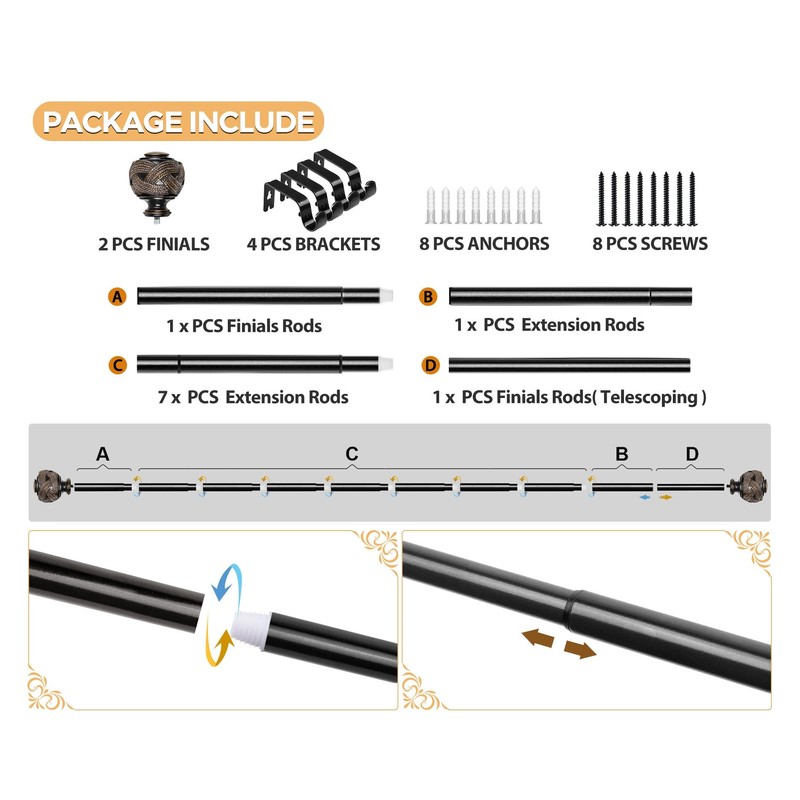 USFOOK Black Curtain Rods for Windows 72 to 144 Inch,