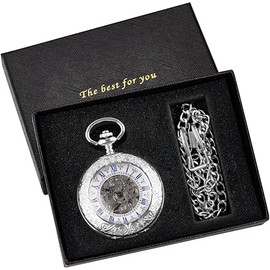 Tiong Simple Silver Mechanical Pocket Watch, Men's Roman Numerals Mechanical Pocket Watch with Chain