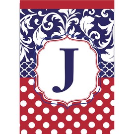 Monogram J Red White Polka Dot and Filigree Blue 18 x 13 Rectangular Applique Small Garden Flag