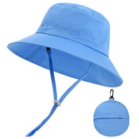 Kid Sun Hat Wide Brim Foldable Bucket Hat UPF50+ Sun Protection Adjustable Summer Beach Sun Hat for Girls Boys Blue