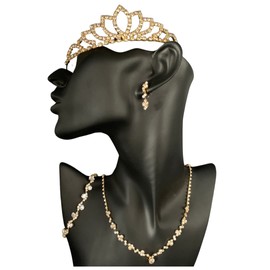 ONDEGO® GOLD Schmuckset Halskette Ohrringe Armband Brautschmuck Diadem Haarschmuck Tiara Kommunion Ball Abiball Hochzeit Strass Glitzer Krone Mädchen Geburtstag Goldene Hochzeit Königin Braut