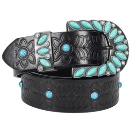 HinyBoeh Women's Western-Turquoise-Cowboy-Belt - Vintage-Embossed-Cowgirl-Waist-Belt with Turquoise-Buckle for 28-38''waist, Black02, for 28-38“ waist