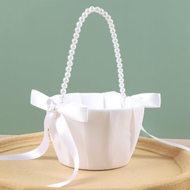 Juego de 2 cestas de flores para niña de flores, color marfil con mango de perla, cestas de boda para niñas de flores