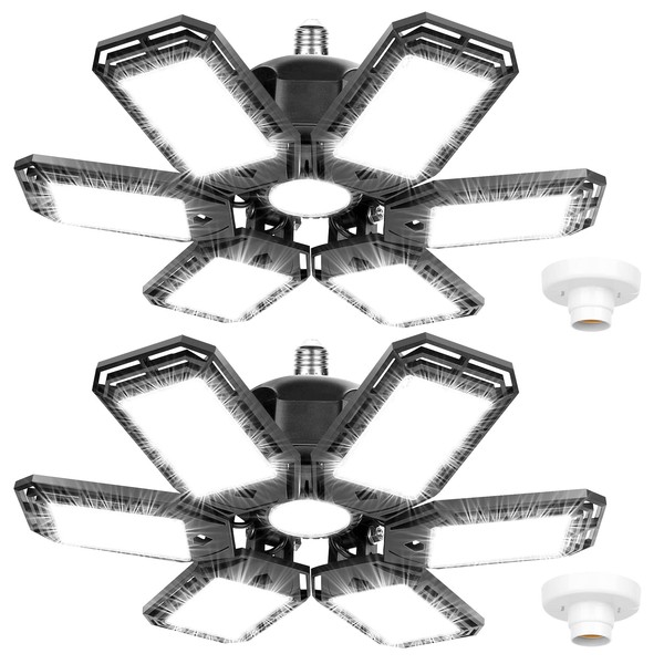 2 Pack LED Garage Lights 180W Deformable 18000LM Close to Ceiling Light Fixtures E26 E27 Screw-in Six Leaf Glow Lighting, Ultra Bright LED Shop Light with 6 Adjustable Panels for Work Shop Warehouse