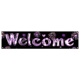 BlissYard Welcome Banner Decoration, Black Glitter Purple Love Fireworks Banner Yard Sign for Outdoor Indoor Family Gathering Party Supplies Decoration 78 x 17Inches