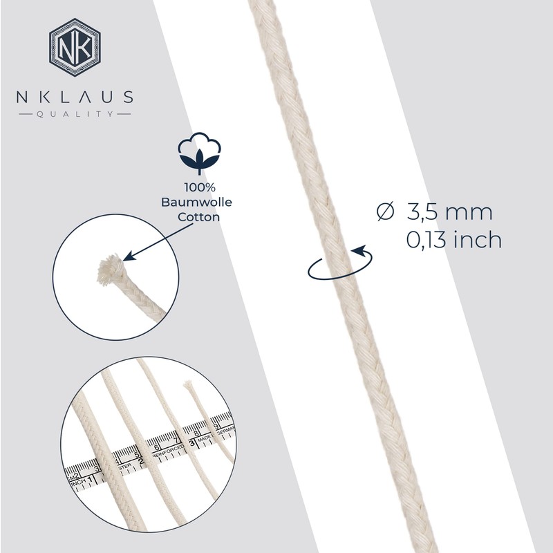 Nklaus 1 Metre Round Wick 100% Pure Cotton 3.5 mm