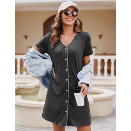 Ekouaer Women 2 Pack Button Sleepshirts Short Sleeve Nursing Nightgown Cozy Sleepwear Nightdress Pink & Dark Grey Medium