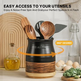 Polinook Kitchen Utensils Holder - 360° Rotating Extra Large Ceramic Kitchen Utensil Holder For Countertop - 8.2" Ceramic Utensil Organizer - Utensil Crock For Farmhouse Kitchens Decor