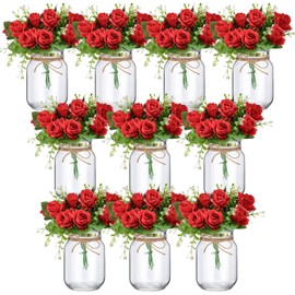 XunYee 10 Set Mason Jar Table Centerpiece with Flower Mason Jar Flower Centerpiece Vases Decor for Engagement Party Bridal Shower Centerpieces Wedding Reception Table Decor(Red Rose)