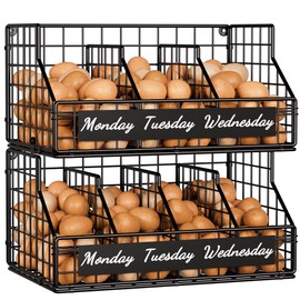 Egg Holder Countertop with 5 Dividers & Labels, 2 Tier Stackable Chicken Egg Baskets for Gathering Fresh Eggs, Egg Organizer for Countertop/Wall-Mounted, Black