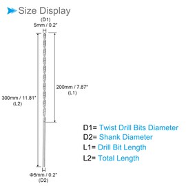 CoCud Extra Long High Speed Steel Twist Drills Diameter 5mm Length 300mm Straight Twist Drill Bits - (Applications: for Metal, Wood, Plastic, Aluminum) Pack of 2