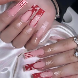Long Square Press on Nails Christmas Fake Nails French Tip False Nails with Snowflake Glitter Design Red Acrylic Nails Artificial Nails Glossy Glue on Nails Stick on Nails for Women Manicure Art 24Pcs