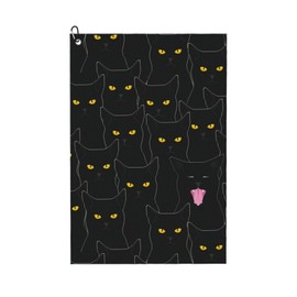 HOYYU Animal Black Cat Golf Towels for Golf Bag Cleaning Cloth for Golf Tennis Towel with Carabiner Clip Golf Accessories and Gifts for Men Women Golf Fan 24"x16"