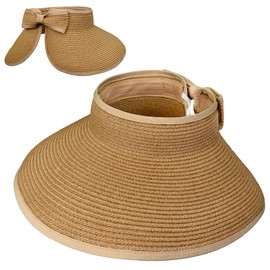 SUN CUBE Sun Visor Hats Women, Straw Beach Hats for Women, Wide Brim Summer Ponytail Hat, Packable Rollup Visor, Travel Foldable UV Protection Sunhat - Brown