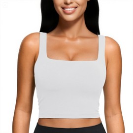 Fisoew Yoga Butterluxe Womens Square Neck Longline Sports Bra Workout Crop Tank Tops Camisole with Built in Pads,White,L