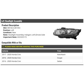 Left Driver Side Halogen Headlight Assembly - Compatible with 2016-2020 Honda Civic Hatchback/Coupe/Sedan