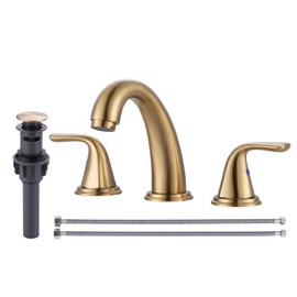 Bathroom Sink Faucet 3 Holes Gold, ALEASHA Widespread Bathroom Faucets, Faucet with Pop Up Drain, Faucets with 304 Stainless Steel Lead-Free Hose