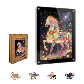 Acrylic Horse Puzzle for Adults with Acrylic Frame & Wooden Stand, DIY Year of the Horse Decorative Painting Puzzles Ornament, Family Puzzle Game for Birthday, Holiday & Housewarming Gifts (Colorful)