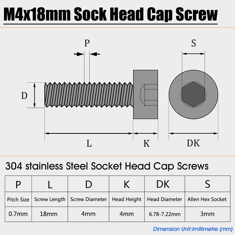 M4x18mm Screws, 50Pcs M4-0.7x18mm Socket Head Cap Screw Bolts,Stainless Steel