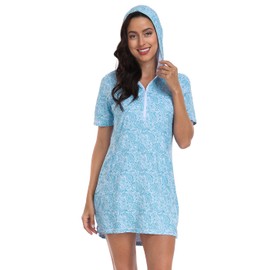 HDE Women's Short Sleeve Beach Coverup Dress with Hood UPF 50 Swim Cover Up Teal Paisley - XXL
