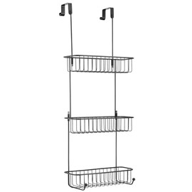 mDesign Extra Large Metal Over Shower Door Caddy, Hanging Bathroom Storage Organizer Center with Built-In Hooks and Baskets on 3 Levels for Shampoo, Body Wash, Loofahs - Black