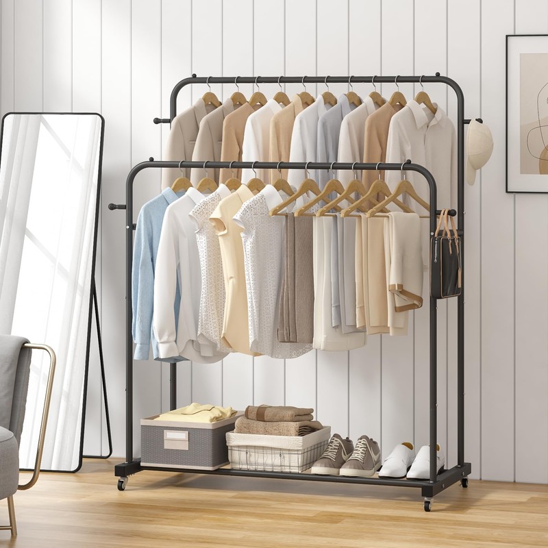 Laiensia Double Rods Garment Rack with Wheels, Clothing Rack for
