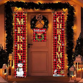 Merry Christmas Door Banner,180CM x 30CM Happy Christmas Porch Sign Santa Claua and Snowman Hanging Banners Couplet for Christmas Outdoor Porch Door Wall Decorations