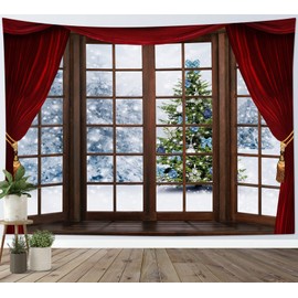 LB Snow Forest Tapestry Christmas Tree with Blue Ball Wall Hanging Tapestry Red Curtain Wood Window Tapestries for Living Room Bedroom Dorm Wall Decor,78x59 inch