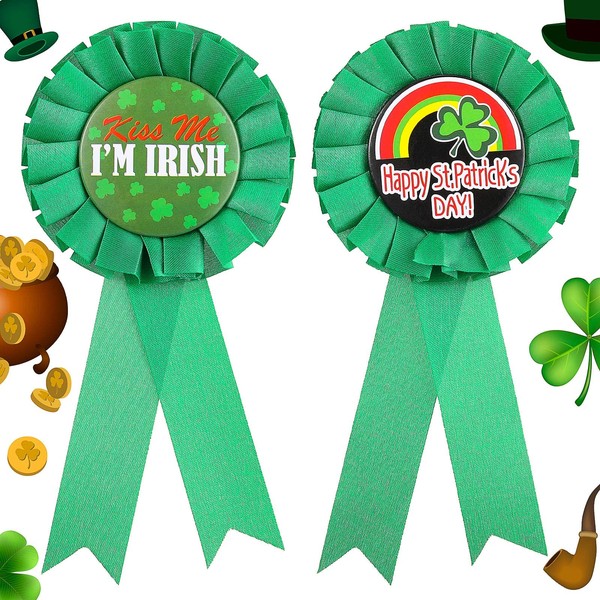 Chuangdi St Patrick's Day Rosette Badge Ribbons 2 Pieces Happy St Patrick Day Badge Rosette Pin Badge Decoration Irish St Patricks Day Accessories for Birthday Party Supplies Green