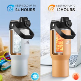 POPOACTI Insulated Tumbler,34 oz Stainless Steel Water Bottle, BPA-Free, Double-Walled Vacuum, Flip Straw for Travel, Keeps Drinks Hot & Cold for 12 Hours,For Outdoors Car Gym Office (White)